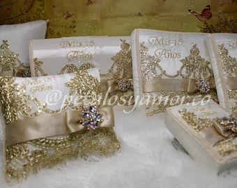 Quinceañera complete set bible, photo album, kneeling pillow, guest signature book, money box, flower bouquet, bear , wedding, boda, XV