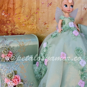 Conjunto completo de Bíblia Tinker Bell Quinceañera, álbum de fotos, almofada de joelhos, livro de assinaturas dos convidados, cofrinho, buquê de flores, urso, XV