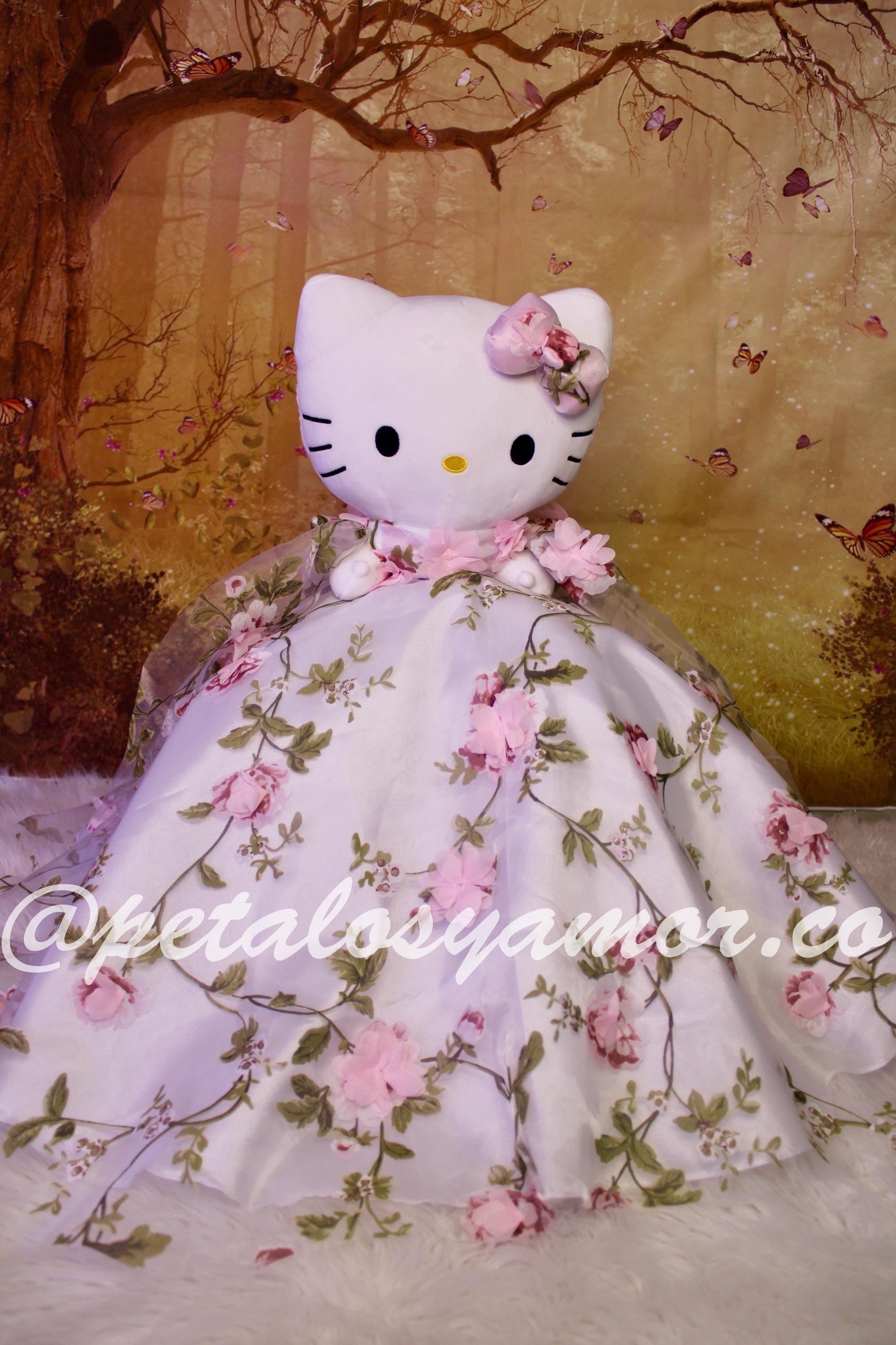 pink hello kitty wedding dress White with pink floral Quince Hello Kitty Plushie