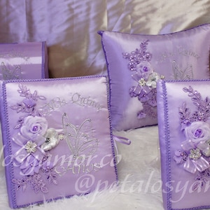Quinceañera complete set bible, photo album, kneeling pillow, guest signature book, money box, flower bouquet, bear , wedding, boda, XV