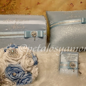 Quinceañera complete set bible, photo album, kneeling pillow, guest signature book, money box, flower bouquet, bear , wedding, boda, XV