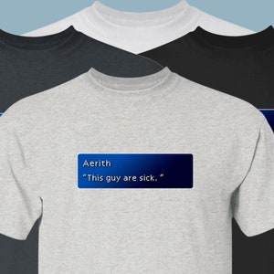 Puede incluir: Tres camisetas de diferentes colores, gris, negro y azul oscuro, con una caja azul en la parte delantera de la camiseta gris que dice "Aerith "This guy are sick."