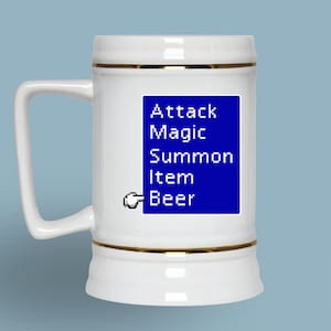 May include: White ceramic beer stein with gold trim and a handle. A blue square displays the text "Attack, Magic, Summon, Item, Beer" in white pixelated font, with a pixelated hand pointing to "Beer".