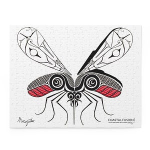 May include: Black and white stylized illustration of a mosquito with red accents. The illustration is in the style of Northwest Coast Indigenous art. The text "Mosquito" and "COASTAL FUSION" are included in the image.