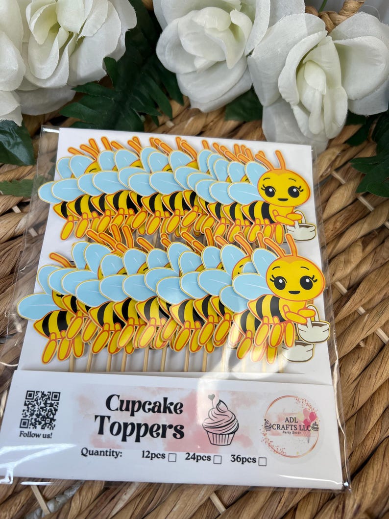 Abejita Chiquitita cupcake toppers, Small Bee cupcake toppers birthday decorations image 1