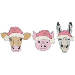 Festive Christmas Farm Trio Rough Sketch Embroidery Design Cow Donkey Pig
