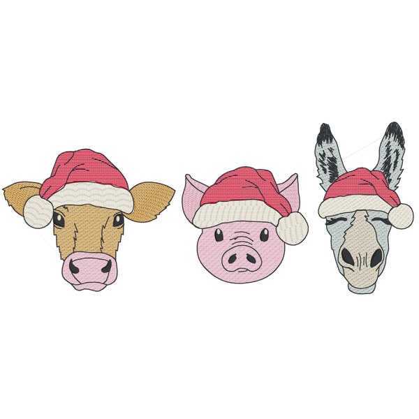 Festive Christmas Farm Trio Rough Sketch Embroidery Design Cow Donkey Pig