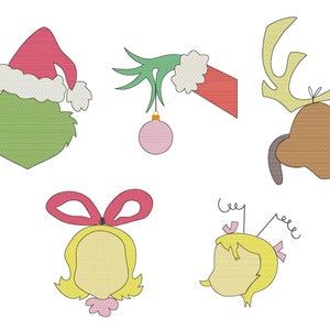 以下が含まれることがあります： クリスマスをテーマにしたキャラクターイラスト5点セット。キャラクターには、グリンチ、シンディ・ルー・フー、イエティ、その他2人のキャラクターが含まれています。イラストはカートゥーンスタイルで、さまざまな色で描かれています。