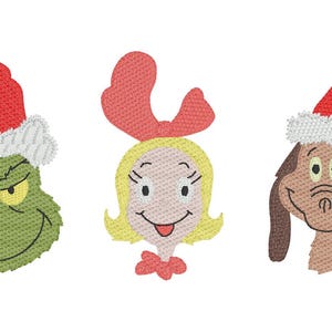 May include: Embroidered designs of three characters from a Christmas story. The Grinch wears a red Santa hat with white trim. Cindy Lou Who has blonde hair and a red bow. Max the dog wears a red Santa hat.