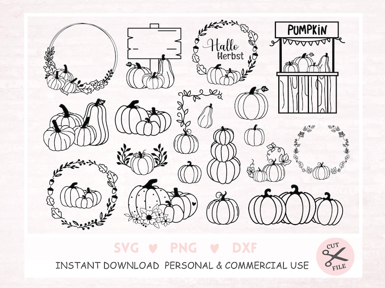 Puede incluir: Un conjunto de 20 archivos de corte SVG en blanco y negro de calabazas y coronas. Los dise&ntilde;os incluyen calabazas, coronas, un letrero que dice "Hallo Herbst" y un puesto de calabazas que dice "Pumpkin".