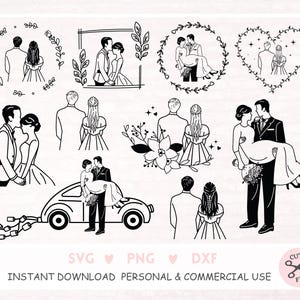 Hochzeitspaar Plotterdatei Dxf Png Jpg Braut Bräutigam Cricut Kleid Silhouette Hochzeit Umriss Clipart Vinyl Cut Datei Line Art DIY Schablone
