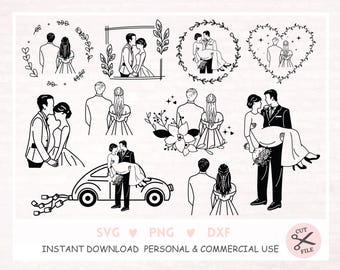 May include: A set of ten black and white wedding-themed illustrations featuring couples in various poses, including a couple in a car, a couple holding hands, a couple dancing, and a couple kissing. The illustrations are perfect for creating wedding invitations, save-the-dates, or other wedding-related stationery.
