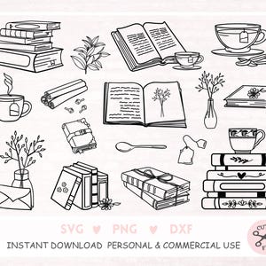 Boek Clipart boek Svg Open boek Clipart Wildflower Clipart theekopje Clipart Doodle Clipart boek stapel Svg, boekenliefhebber Clipart, bloemen