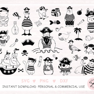 Schattige piraten clipartbundel, zeedieren png, kinderbuccaneers Scalleywags, piratenschip vlag, oceaan, kaarten maken, instant download