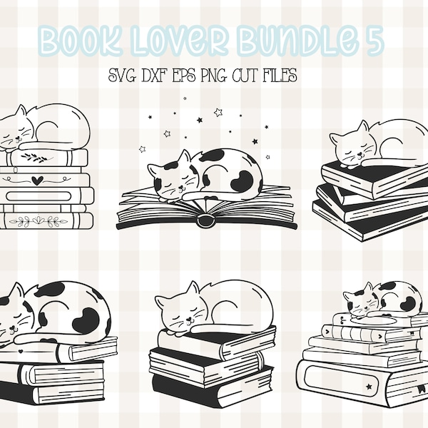 Cute Sleepy Cat on Stack of Books Hand Drawn Digital SVG PNG DXF Cut Files for Cricut and Silhouette Minimalist Line Art Sleeping Feline