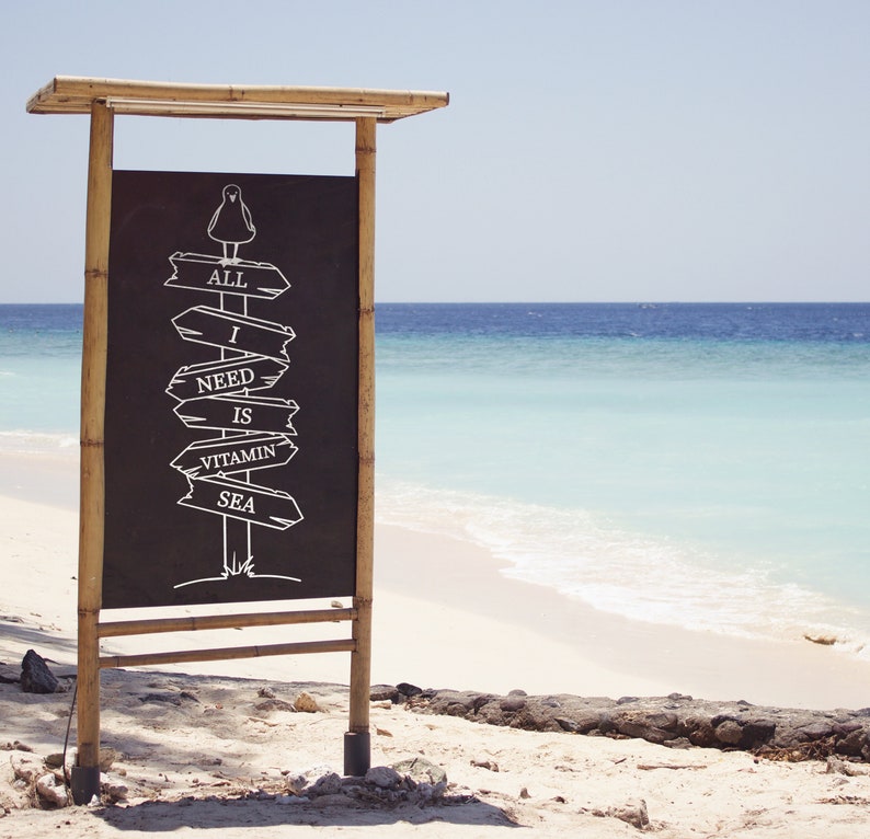 Puede incluir: Un letrero de madera en una playa con el texto "ALL I NEED IS VITAMIN SEA". El letrero es negro con letras blancas y una ilustraci&oacute;n de gaviota. El letrero est&aacute; hecho de bamb&uacute; y se encuentra en la arena con el oc&eacute;ano al fondo.