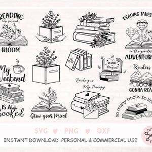 Leseliebhaber Plotterdatei SVG DXF PNG Buch Cricut Silhouette Download Clipart Plotten Bundle Niedliche Vinyl Schnittdatei Süßer digitaler Stempel