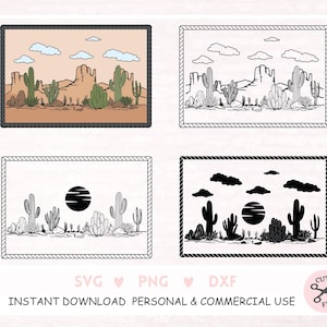 May include: A digital design featuring a desert landscape with cacti, mountains, and a sun. The design is available in four variations: colour, line art, black and white, and silhouette.