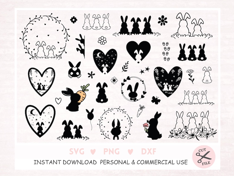 May include: A digital download of 15 black and white bunny silhouette SVG cut files. The designs include bunnies in various poses, hearts, wreaths, and stars. The text "SVG PNG DXF INSTANT DOWNLOAD PERSONAL & COMMERCIAL USE CUT FILE" is at the bottom of the image.