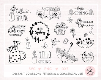 Hello Spring Plotter File SVG Spring Florall Botanical Wreath Cricut Sprin g Plotting Butterfly Bird Floral Spring Gifted Flowerful Spring