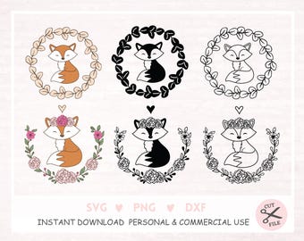 May include: Six digital illustrations of a fox wearing a flower crown. The fox is shown in three different styles: orange, black, and outline. Each fox is surrounded by a wreath of leaves or flowers.