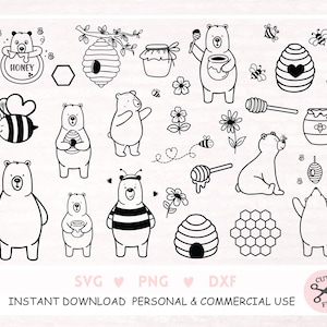 Bear Honey Clipart bee Honey outline Doodle Bear Doodle Honey handdrawn, PNG Download, printable digital clipart set, commercial use
