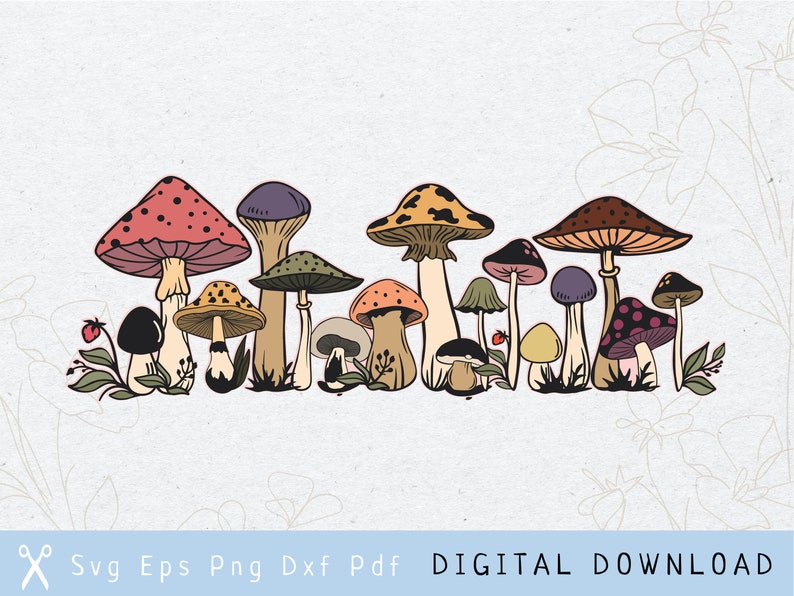 Row of Mushrooms Svg Bundle Mushroom Svg Fungi Clipart Cute Etsy
