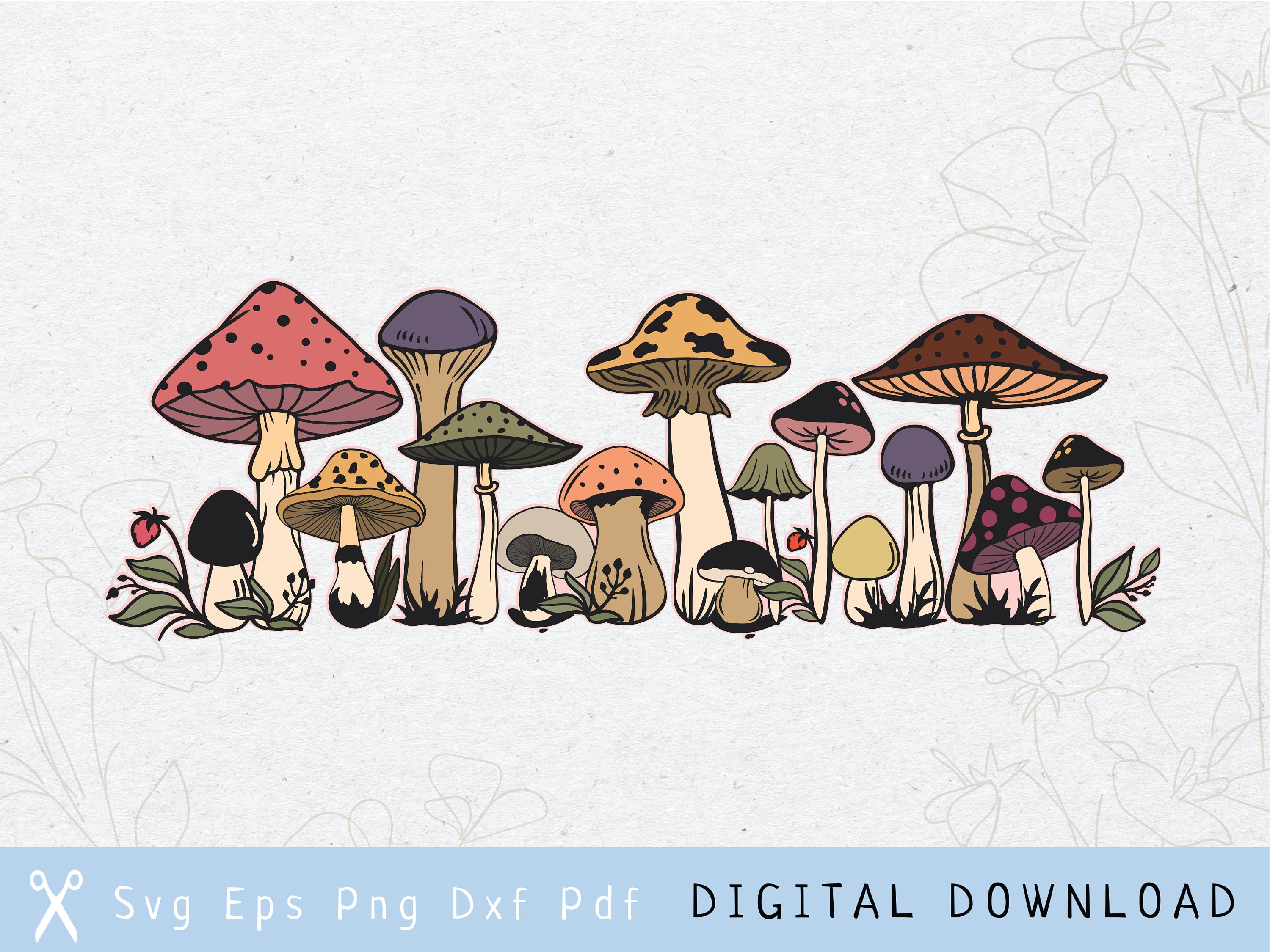 Row of Mushrooms Svg Bundle Mushroom Svg Fungi Clipart Cute Etsy