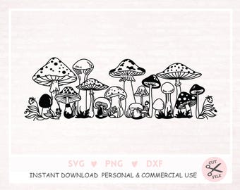 Puede incluir: Ilustración en blanco y negro de línea de un grupo de setas de diferentes formas y tamaños. Las setas están dispuestas en una fila y tienen un aspecto caprichoso y de cuento de hadas.