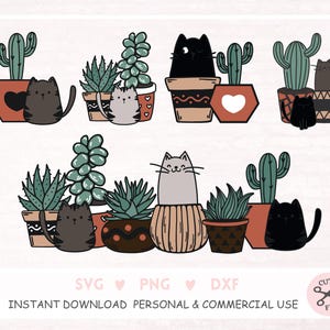 Archivo SVG de gatos con plantas para Cricut y Silhouette. Gatos y cactus SVG. Gatos y plantas SVG.
