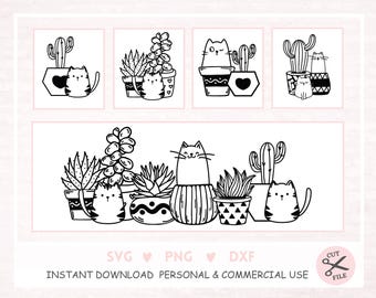 Può includere: Illustrazione in bianco e nero a linea di gatti in vasi di piante. L'illustrazione presenta una varietà di piante grasse, cactus e gatti in diverse pose. L'immagine è perfetta per progetti di artigianato, come il taglio, la stampa e il ricamo.