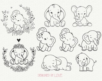 Baby Elephant SVG Cute Elephant Girl cut file Elephant Outline Baby Shower Girl Shirt Bodysuit Kawaii Animal Silhouette Cricut Vinyl Iron on