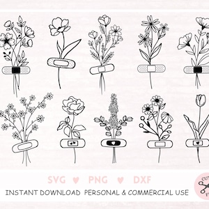 Blumen mit verbandeln, Wildblumen, Bandaid, Clipart, Blumen, Erste Hilfe, Apotheke, Heftklammern, Heftklammern, Eps, Dxf, Cricut
