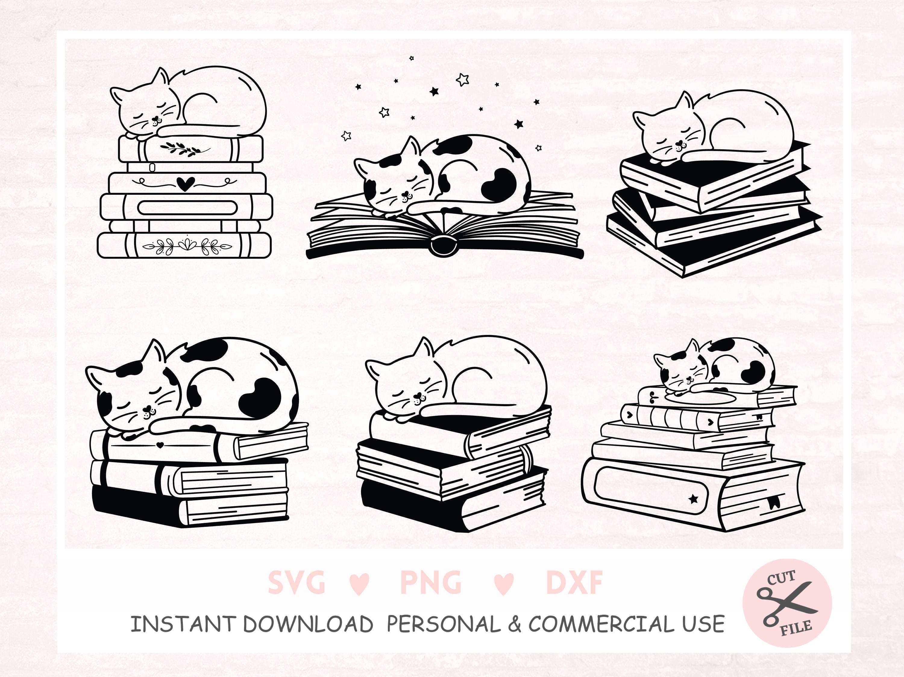 Cute Sleepy Cat on Stack of Books Hand Drawn Digital SVG PNG DXF Cut ...