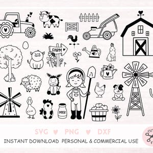 Archivo de trazador de animales de granja Svg Dxf Eps Png Jpg Cerdo Espantapájaros Heno Vaca Caballo Pato Cricut Pollito Oveja Silueta Gallo Conejito Pájaro Huevo Clipart