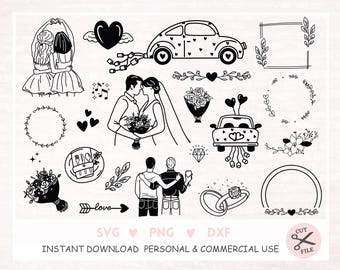 May include: Black and white wedding clipart set featuring a bride and groom, a car, flowers, hearts, and other wedding-related elements.  The text "SVG PNG DXF INSTANT DOWNLOAD PERSONAL & COMMERCIAL USE CUT FILE" is at the bottom of the image.