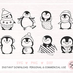 Lindo archivo de trazador de pingüinos Svg Dxf Png Eps Jpg Pdf Invierno Cricut Bebé Animal Clipart Silueta Navidad Vinilo Archivo de corte láser Esquí Horneado