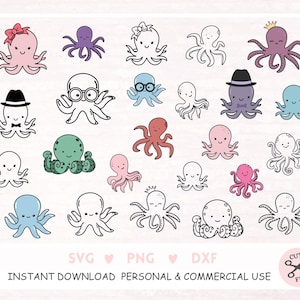 Süße Oktopus SVG Baby Oktopus Clipart Kawaii Oktopus Cut Datei für Cricut Ozean Tier Bundle