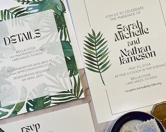 May include: A wedding invitation with green tropical leaves and a white background. The invitation reads "Join us to celebrate the marriage of Sarah Michelle and Nathan Jameson" with the date and time of the wedding. The invitation also includes the location of the wedding, Bella Cosa, Lake Wales, Florida.