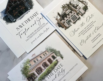 Ilustración personalizada para guardar la fecha en acuarela para el lugar de la boda