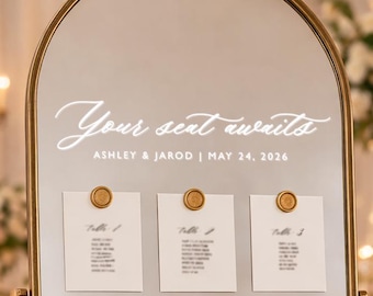 Wedding Seating Chart Decal for Mirror | Your Seat Awaits | Personalized Vinyl Decal | Find Your Seat | Custom Names and Date