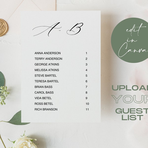 Seating Chart Template - Table Assignment Template  - Alphabetized Table Cards - Print From Home - Wedding Seating Chart Cards Template