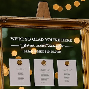 Personalized Wedding Mirror Seating Chart Decal: &quot;Your Seat Awaits&quot; Vinyl Sign