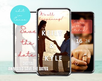 May include: A digital save the date announcement with a couple silhouetted against a sunset. The text reads "It's all happening!" "KEILY & KYLE" "Save the date" and "DIGITAL ANIMATED SAVE THE DATES".