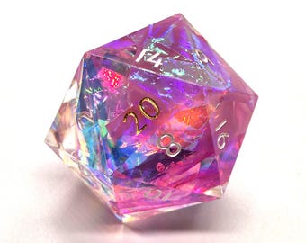 Pinke Holo- Chonk d20 Würfel- Scharfkantige Jumbo-Würfel aus Resin- 35 mm