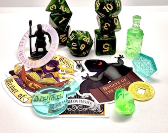DND Dice Set, Class Themed loot, Stickers, Tokens, Accessories Bag