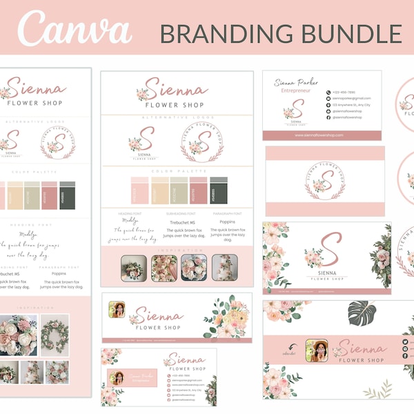 Canva Branding Kit, Wedding, Flower Shop Business Branding Bundle, Branding package templates for DIY Logo Business Card Social Media