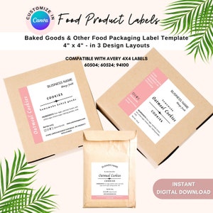 May include: Printable 4x4 inch food product labels for baked goods. The labels are compatible with Avery 60504, 60524, and 94100 labels. The labels feature a brown background with a pink border and black text. The text on the labels includes "Oatmeal Cookies", "Homemade Baked Goods", "Business Name", "Always Fresh", and "Ingredients".