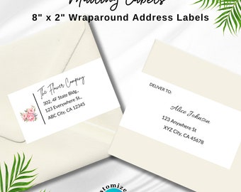 Company address label with logo, Wraparound editable minimalist shipping label,  Canva template customizable mailing label  8x2 inches