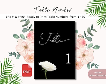 Printable table numbers, Black Minimalist table numbers for wedding, receptions, formal event, 5"x7" and 4"x6" modern table numbers